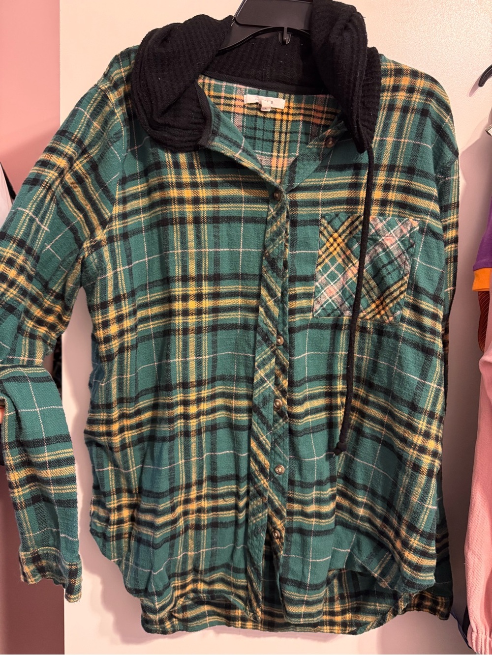 Green Plaid Hooded Button-Up Shirt